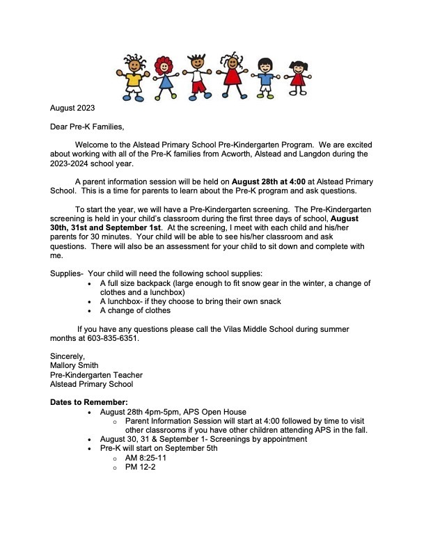 Pre-K Welcome Letter